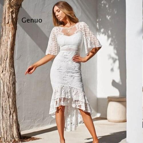 Fashion Flare Sleeve Dress Lace Embroidery Hollow Sexy Dress Summer Lady Backless Slim Pack Hip Fishtail Dress Banquet Vestidos