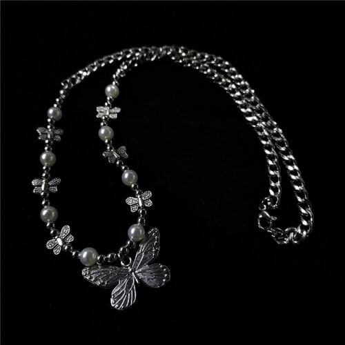 Vintage Fashion Statement Butterfly Pendant Necklace for Women Pearl Chain Choker Jewelry Punk Goth Gothic Accessories