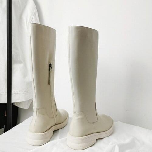 Fashion Women Round Toe Thick Platform Knight Boots Zipper High Top Shoes Female Winter Genuine Leather Military Riding Boots