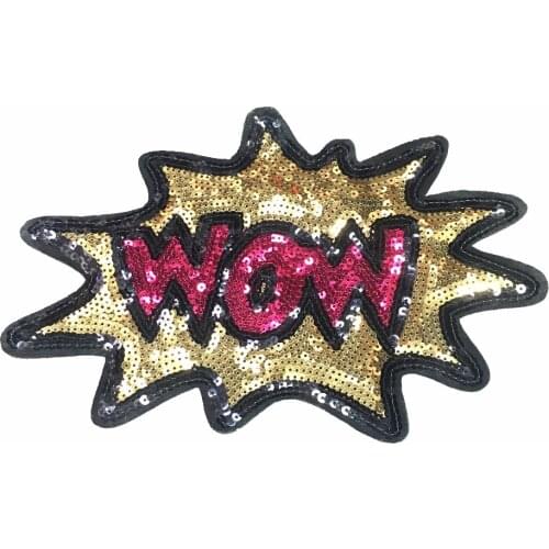 2pcs Iron On Patch Gold WOW Appliques Sequin Patches For Clothing Trousers Bags Hot Adhsive Stickers DIY Accessories