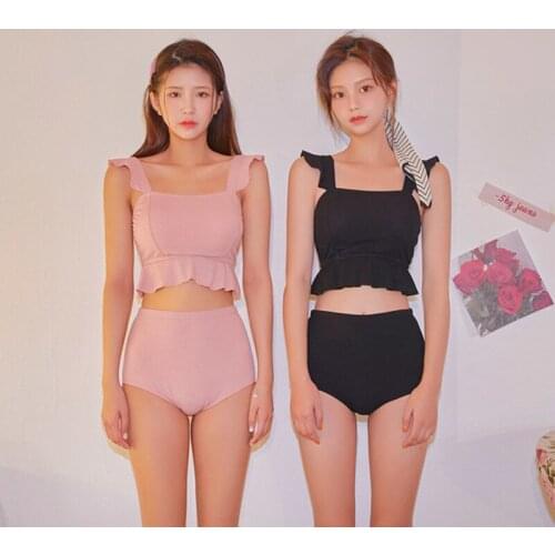 2021 New Korean Style Bikini Women Solid Swimwear Biquini Push Up Swimsuit High Waist Bikinis Ruffle Bathing Suit