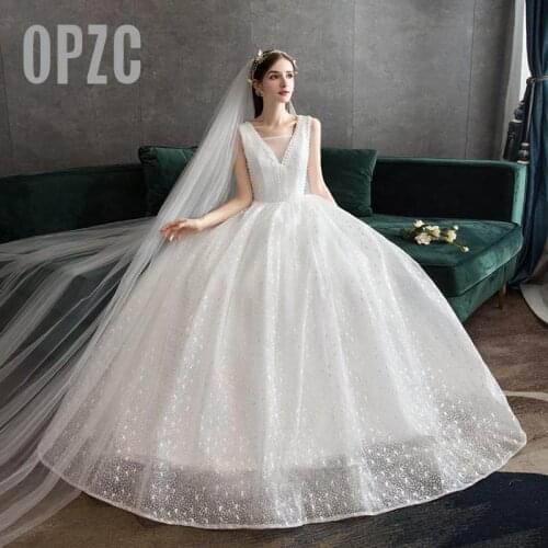 OPZC Ball Gowns Spaghetti Straps Off white Tulle Retro Wedding Dresses 2019 with Pearls Bridal Dress Marriage Customer Made Size