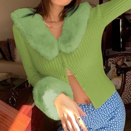 2020 Autumn Winter Thick Knitted Sweaters Sexy V Neck With Removable Fur Collar Long Sleeve Knitwear Cropped Tops WDC6147