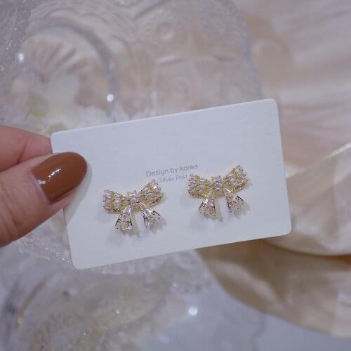 2020 Korean hot selling fashion jewelry exquisite copper inlaid zircon sweet bow female daily stud earrings