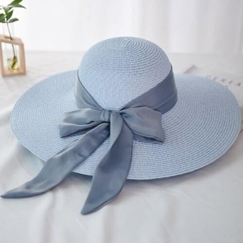 Panama New Fashion Ladies Hats Beach Big Ribbon Bow Large Wide Brim Hat Women Summer Packable Floppy Beach Sun Hat Straw
