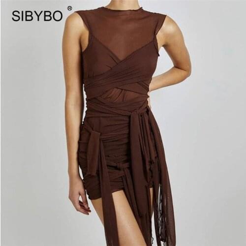 Sibybo Black Mesh See Through Sexy Party Dress Women Ribbons Bandage Bodycon Dresses Female Sleeveless Summer Dress Vestidos
