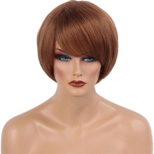Resistant Short Layered Straight 100% Human Hair Wigs with Cap Brown