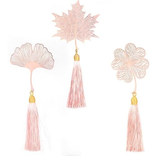 Vintage Metal Bookmark Chinese Style Leaf Veins Hollow Maple Leaf Tassel Apricot Leaf Bookmark For Student Teacher Gifts