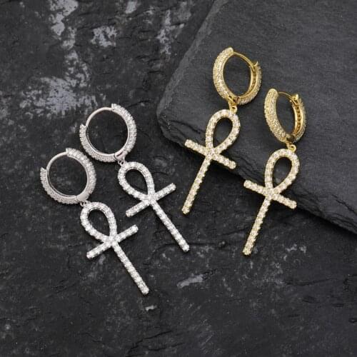 D&Z Hip Hop Iced Out Bling CZ Ankh Cross Dangle Earrings For Men Women Micro Paved Zircon Brincos 2019 Fashion Gift
