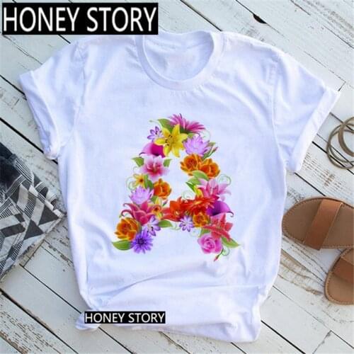 ZOGANKIN Floral Flower 26 English Letter Aesthetics Women Print T-shirt Female Summer Tops Tees Girl 90s ClothesABC,Dropshipping