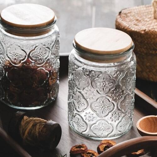 700ml Sealed Glass Jars Retro Style Vintage Embossed Storage Bottle Classic-looking Glass Flower Pattern Multi-use Storage Jar