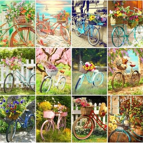 AZQSD Diamond Painting Bicycle Flower Cross Stitch Rhinestones Handmade Diamond Embroidery Landscape Mosaic Home Decoration