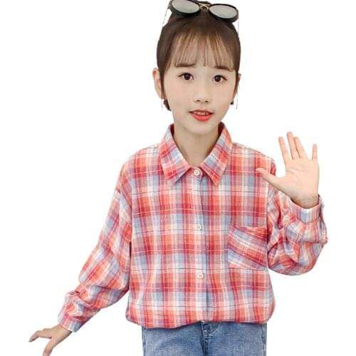 Girls Blouse Plaid Pattern Shirts For Girl Spring Autumn Kids Blouse For Girls Casual Style Kids Clothes Girls 6 8 10 12 14