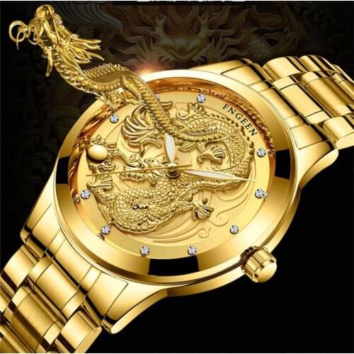 FNGEEN Luxury Brand Dragon Stailess Steel Men Watch Waterproof Mens Gold Sculpture Dragon Quartz Wristwatch Relogio masculino