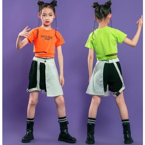 Kid Cool Hip Hop Clothing Green Crop Top T Shirt Streetwear Black White Summer Skirt Shorts for Girls Jazz Dance Costume Clothes