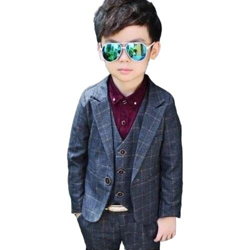 2019 New Vest Blazer Pant 3PCS Kids Plaid Wedding Blazers Suits Brand Boys Formal Tuxedos School Suit Kids Spring Clothing Set