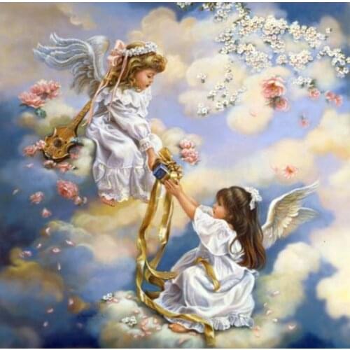 Two little Angels Girl Child Needlework,Cross stitch Handmade 14CT white Canvas DIY,Cross-stitch kits,Embroidery Art Home