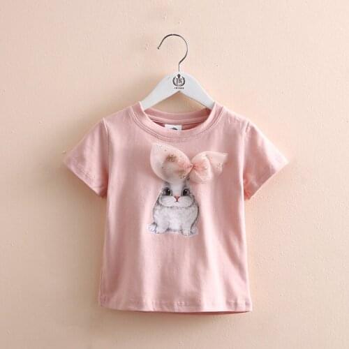 Girls Short Sleeve T Shirts Summer New Childrens Cartoon Print Cotton Tee Shirts Cute Rabbit Bow T-shirt for Girl Kids Clothes