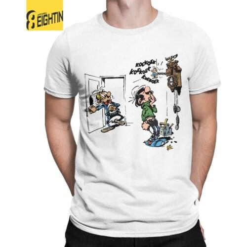 Gaston Lagaffe With Clock T Shirts Mens 100% Cotton Funny T-Shirt O Neck Belgium Cartoon Tee Shirt Short Sleeve Clothes Gift