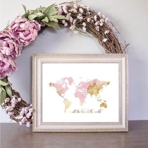 World Map Print Nursery Wall Art Canvas Poster Pink Watercolor Abstract Painting Wall Picture Baby Shower Gift Kids Room Decor