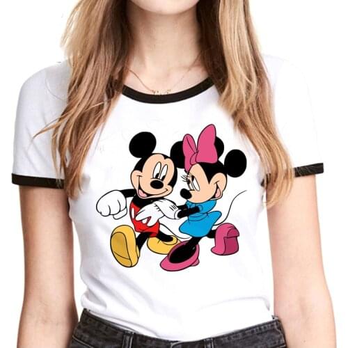 Kawaii Disney Series Unisex Cartoon T Shirt Women Mickey Minnie Anime Disney Princess Donald Duck Stitch 90s Couple Graphic Tees
