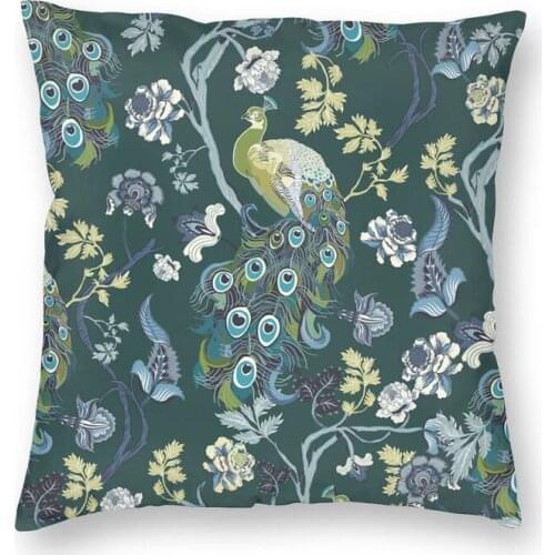Chinoiserie Peacocks Teal Trees Square Throw Pillow Case Decoration 3D Two Side Printed Botanical Florals Cushion Cover for Sofa
