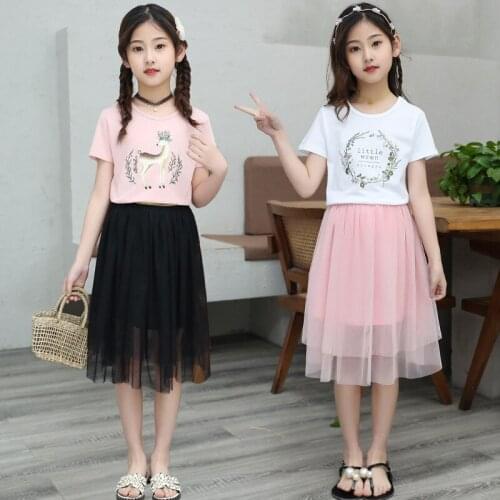 2020 Kids Summer Clothing Sets Girls Long T-shirt +skirt 2pc Suits Children Short Sleeve Outwear Baby Girl Clothes 4-13year