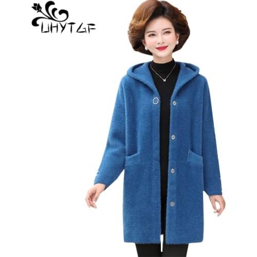UHYTGF Womens coats quality double-faced cashmere autumn winter woolen jacket mink fleece elegant coat female 6XL plus size 1289
