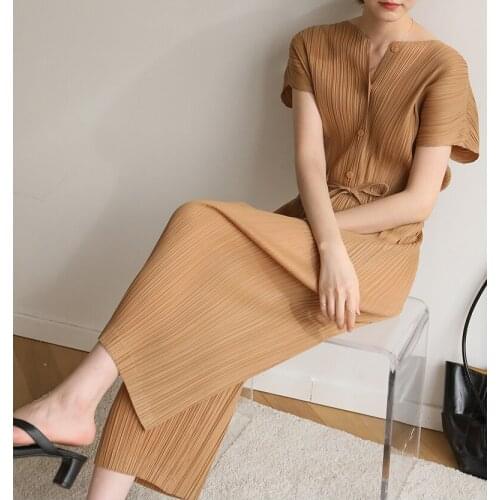 HOT SELLING Pure color o-neck fashion fold botton jumpsuits wide-legged pants IN STOCK