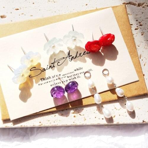 Lii Ji Baroque Pearl Gemstone Stud Earring Coral Amethyst Opalite Aquamarine Crystal Rose Flowers Earring Women Jewelry