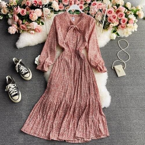 Maxi Dresses for Women Vestido De Mujer Spring Floral Print Bowknot Long Sleeved Chiffon Dress Y2k Vintage Dress Women Clothes