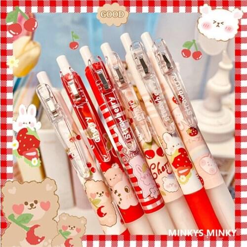 MINKYS New Arrival 0.55mm 6pcs/lot Kawaii Rabbit Strawberry Black Ink Pen Signature Pen Gift Office Stationery
