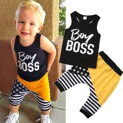 2019 Brand New Newborn Infant Baby Boys Summer Clothes 2PCS Sleeveless Letter Black Vest Tops Striped Patchwork Harem Pants 0-4Y