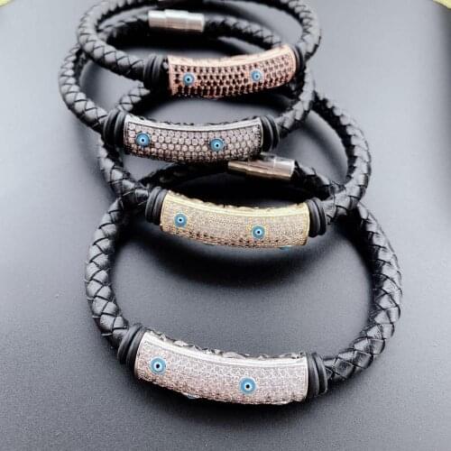 New Devil Eyes Leather Bracelet 4 Colors High Quality Magnetic Clasp Micro Pave CZ Genuine Punk Man Terror eyes Bangle for Men