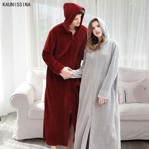 Autumn Winter Bathrobe Women Hooded Zipper Plus Size Dressing Gown Couples Padded Flannel Thick Homewear Lingerie House Robe