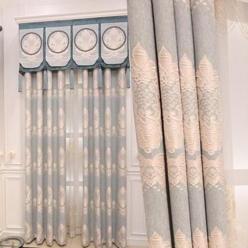 Thick Chenille Jacquard Fabric Curtain Blackout Screen Blue Embroidery Simple Linen Curtains for Living Dining Room Bedroom