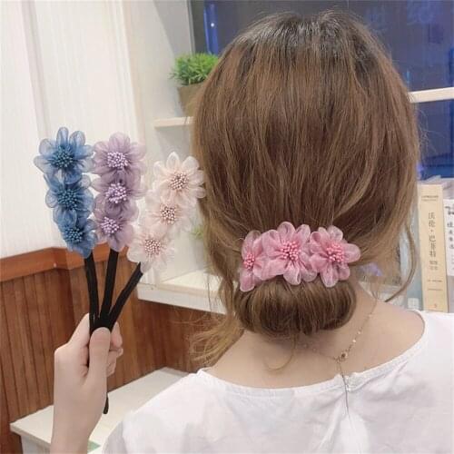 Women Elegant Bud Chiffon Flowers Bun Maruko Hairstyles Making Long Tools Sweet Headband Hairbands Fashion Hair Accessories