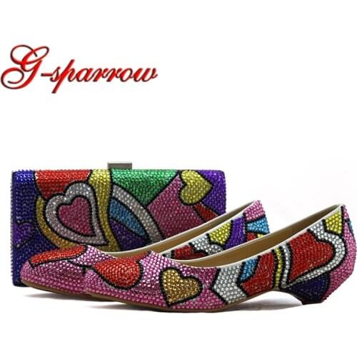 Multicolor Rhinestone Wedding Formal Dress Shoes and Clutch 3cm Low Heel Party Prom Shoes with Matching Bag Plus Size 44