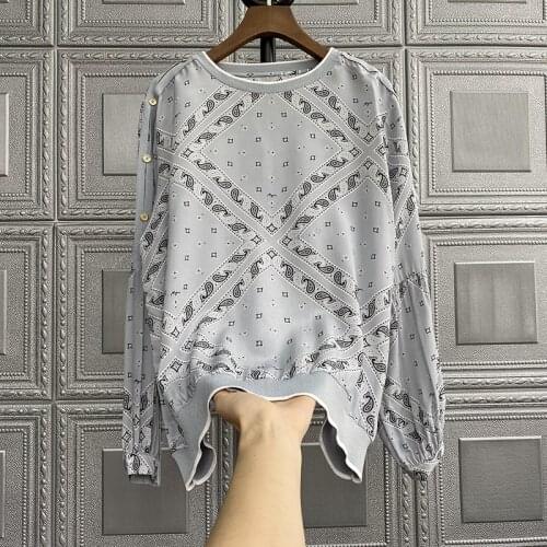 Hong Kong style silk shirt blouse printed spring drape round neck floral small shirt new mulberry silk top
