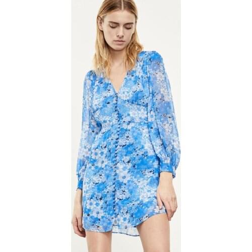 FR Iconic Sky Blue Floral Motif Printed Maxi Chiffon Viscose Button Placket Dress Vintage V-Neck Ruffles Sheer Long Beach Gown