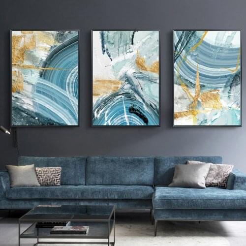 Modern Abstract Canvas Painting Poster and Print for Living Room Blue Bedroom Home Decor Picture Large Wall Art Golden Painting