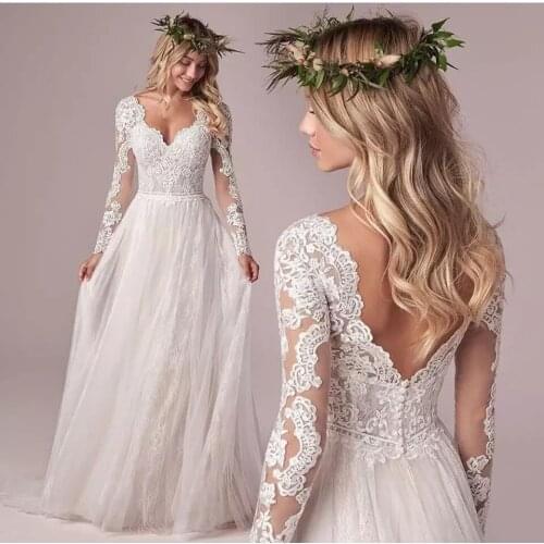 Wedding Dress 2020 A Line Elegant Bridal Dresses Tulle Lace Long Ivory Vestido De Novia V-Neck Open Back Plus Size Custom Made