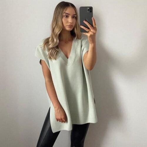 Urifens Femlae Pullover 2021 New Spring V-neck Sleeveless Split Knitwear Oversized Loose Sweater Vest Women Chic Green Top BN57U