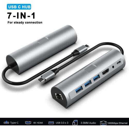 USB C HUB 4K@30Hz Type C to HDMI Gigabit RJ45 USB 3.0 PD 87W 3.5mm 7-in-1 Adapter For Macbook Pro iPad Pro M1 Lenovo and More