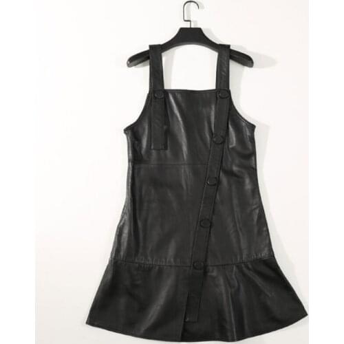 Spring 2020 new sheep skin dress for women, mid - length fishtail skirt with one-line shoulder straps, slim leather suspenders
