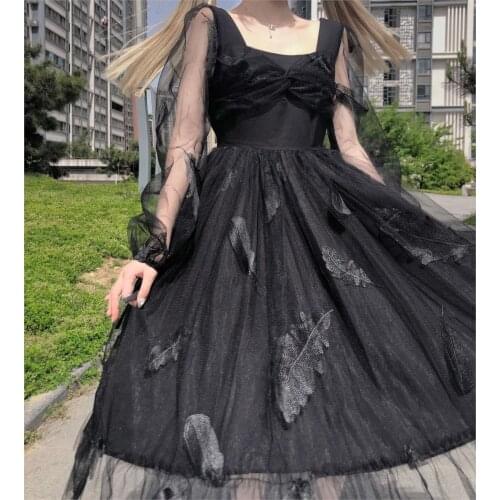 Hstar Kawaii Vintage Summer Dress Women Elegant Lolita Black Sexy Revolve Dress Casual Princess Puff Sleeve Fairy Dress