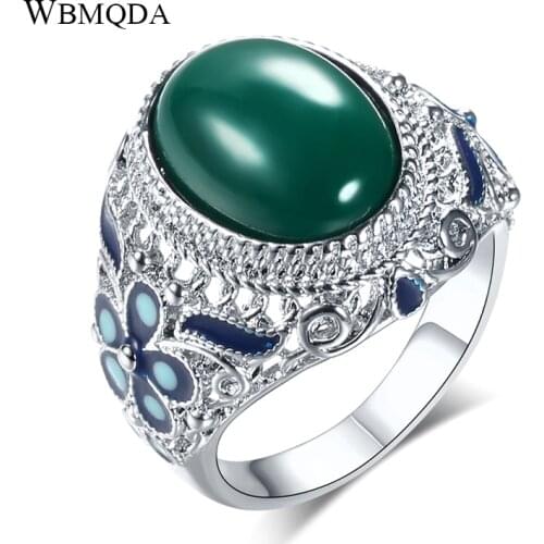 Wbmqda Hot Lucky Flower Tree Rings Fashion Silver Color Green Stone Blue Painted Ring For Woman Party Vintage Jewelry 2020 New