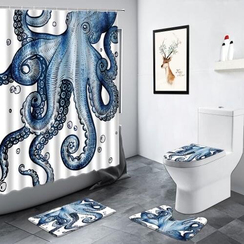 Ocean Animals Blue Octopus Shower Curtain Creative Personality Home Non-slip Mat Carpet Toilet Cover Bath Rug Bathroom Decor Set