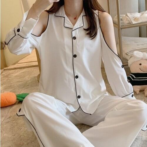 Women Sleepwear Summer Pajamas Cotton Loose Version Pajama Set Lapel Sexy Sleepwear Deesse Long-sleeved Pants
