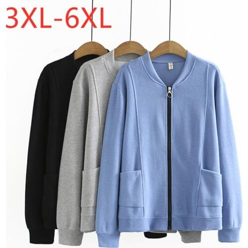 New 2021 Ladies Autumn Winter Plus Size Jacket For Women Large Long Sleeve Cotton Blue Gray Pocket Zipper Coat 3XL 4XL 5XL 6XL